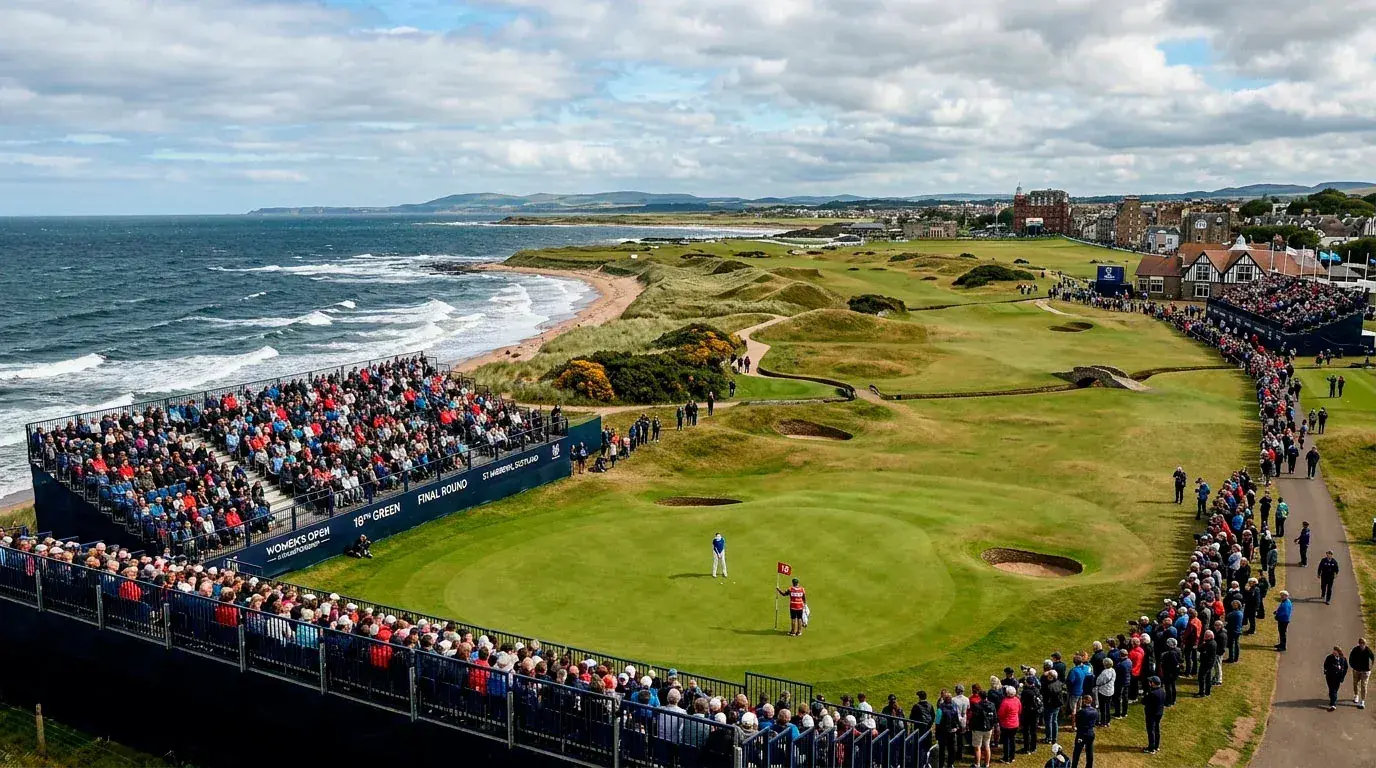 Scenic links golf course hosting the AIG Women's Open with coastal views and grandstands