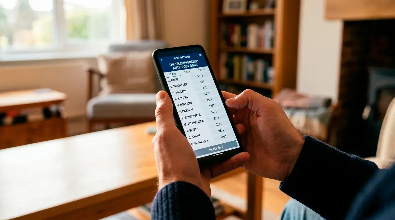 Punter reviewing early ante-post golf odds on a mobile betting app