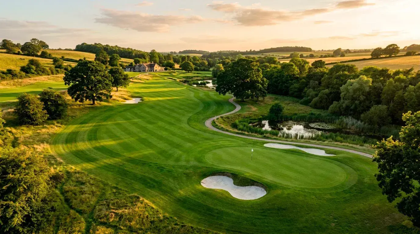 Aerial view of a championship golf course fairway with bunkers and green, representing strategic analysis for golf betting in the United Kingdom