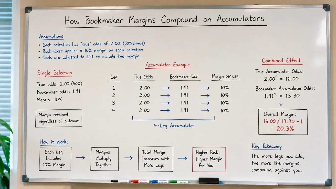 Sportsbook interface illustrating compounding margins across a golf accumulator