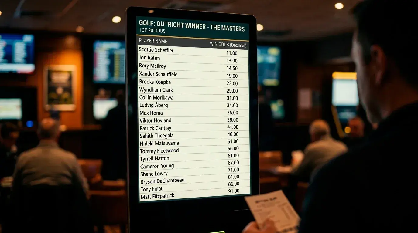 Sportsbook screen showing golf outright odds and overround percentages