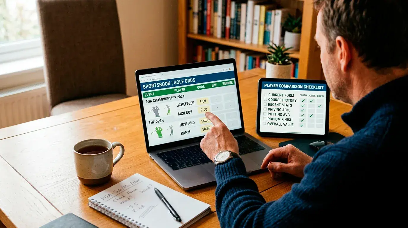 UK punter comparing golf betting coverage across different licensed sportsbook platforms on a laptop