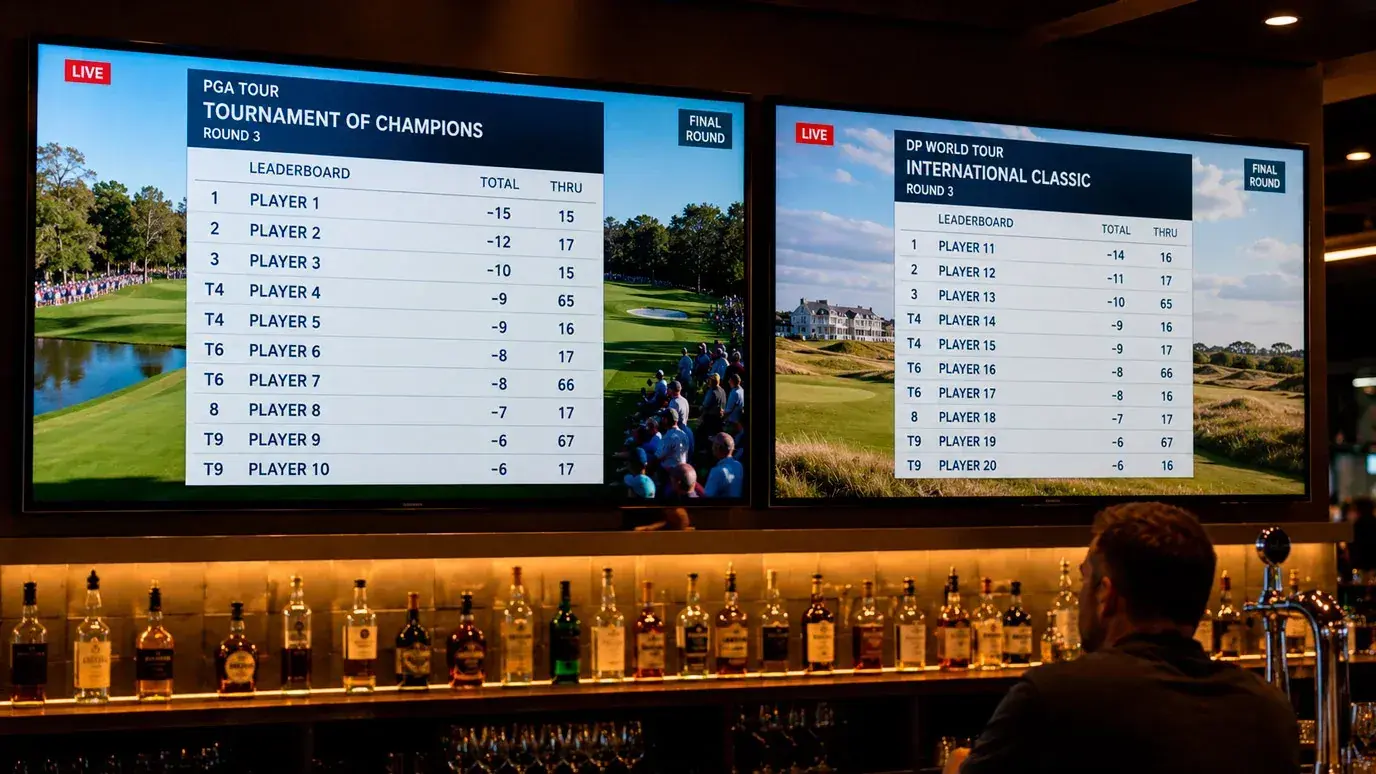 Two concurrent golf events displayed on split screens showing correlation risk
