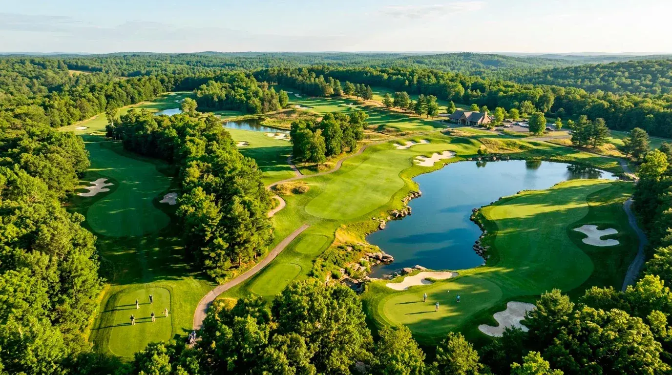 Aerial view of a golf course layout highlighting fairways and greens for course-fit betting analysis
