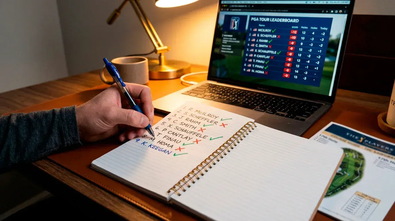 Golf betting analyst reviewing a shortlist of course-fit selections before placing bets