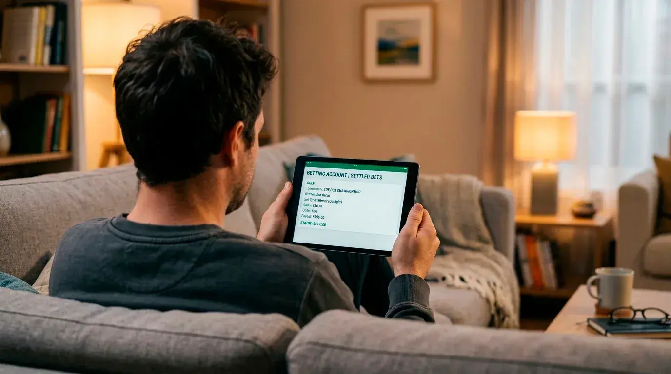 Punter reviewing reduced payout after a dead-heat golf bet settlement on a device