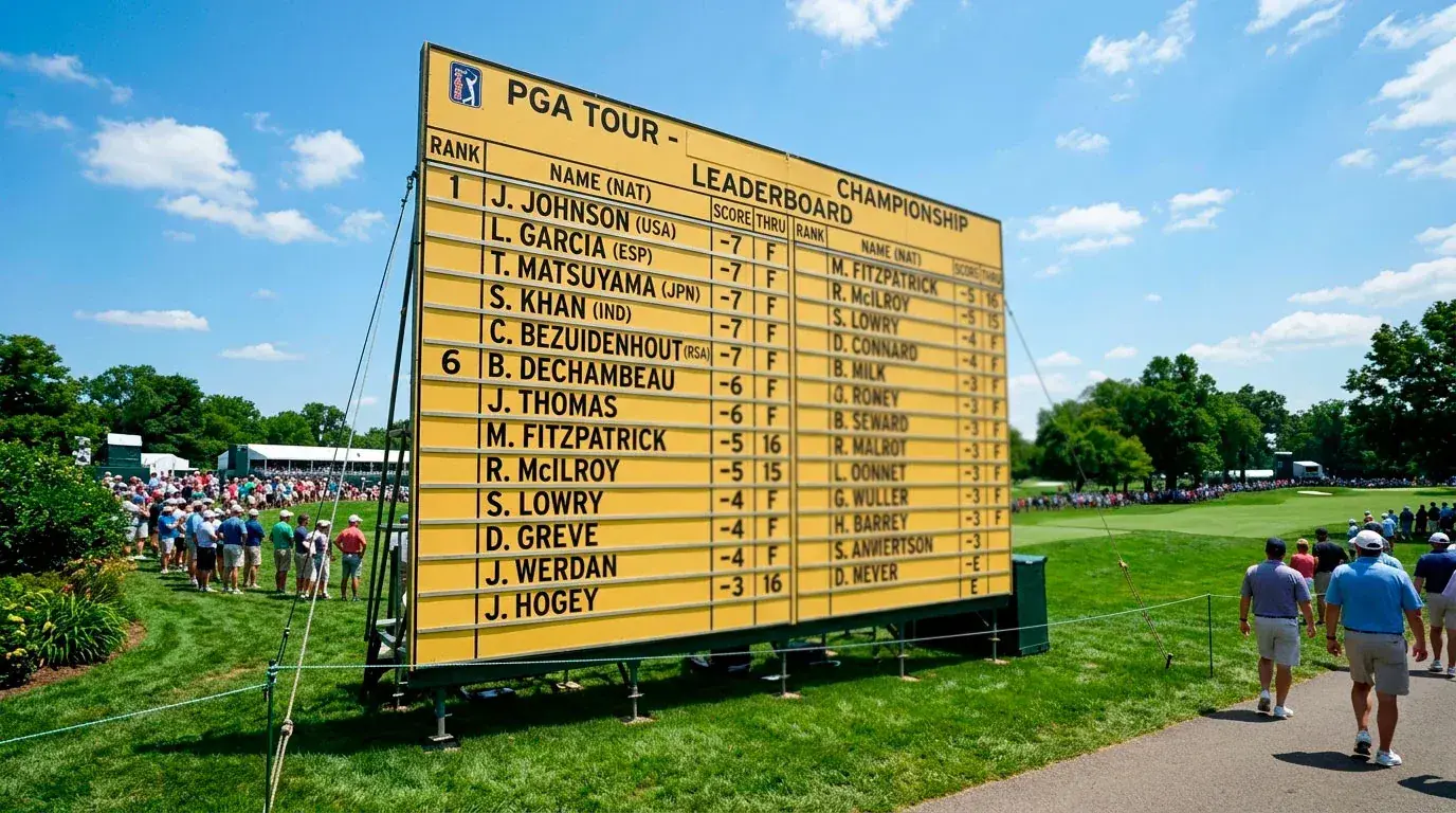 PGA Tour leaderboard with multiple players tied at the same position