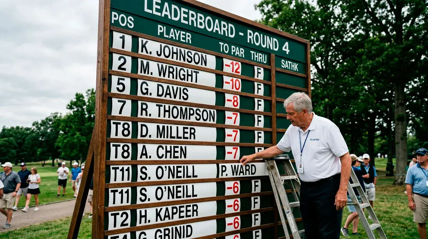 Golf leaderboard showing tied finishing positions where dead heat rules reduce each-way payouts