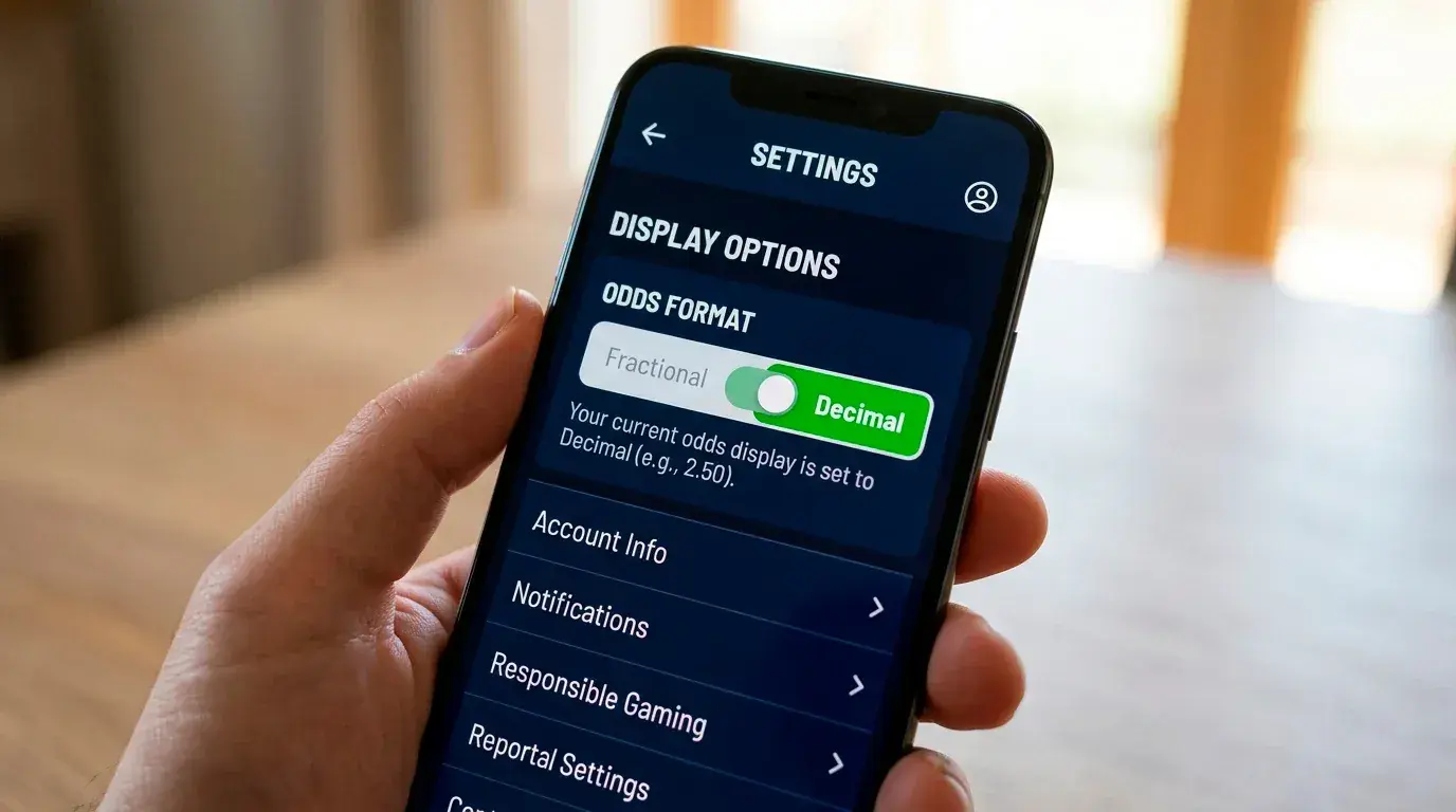 Sportsbook settings screen toggling between fractional and decimal odds display