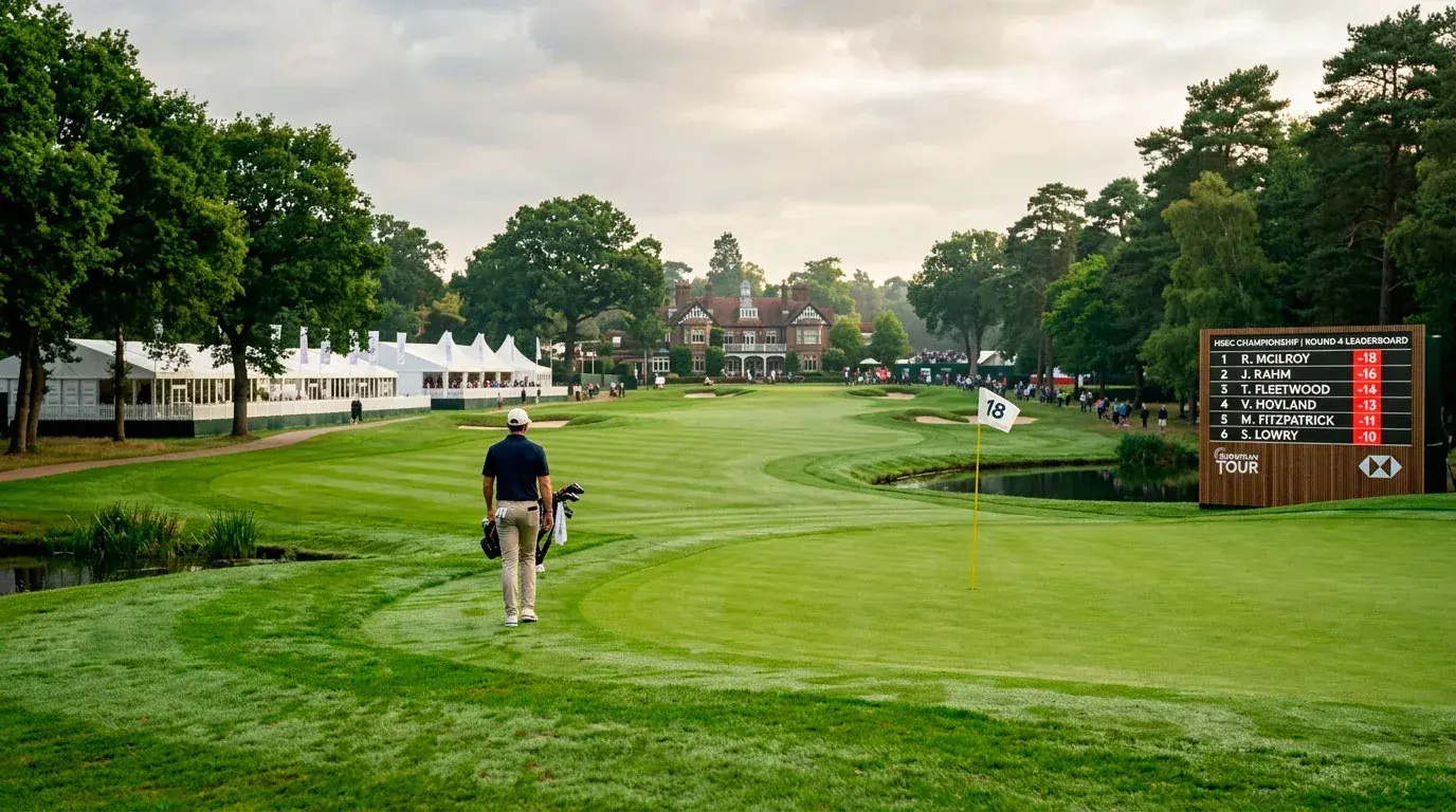 Lush European golf course fairway with DP World Tour tournament signage and leaderboard