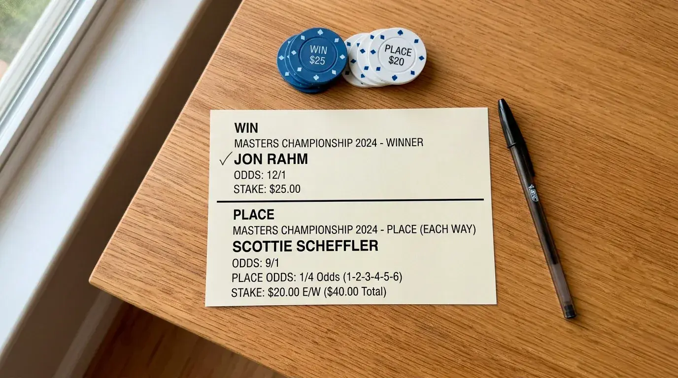 Each-way bet structure showing win and place stake split on a golf tournament betslip