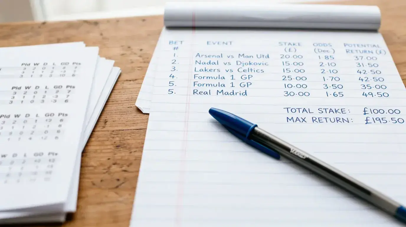 Punter reviewing an each-way betting slip showing win and place components with calculated returns on paper