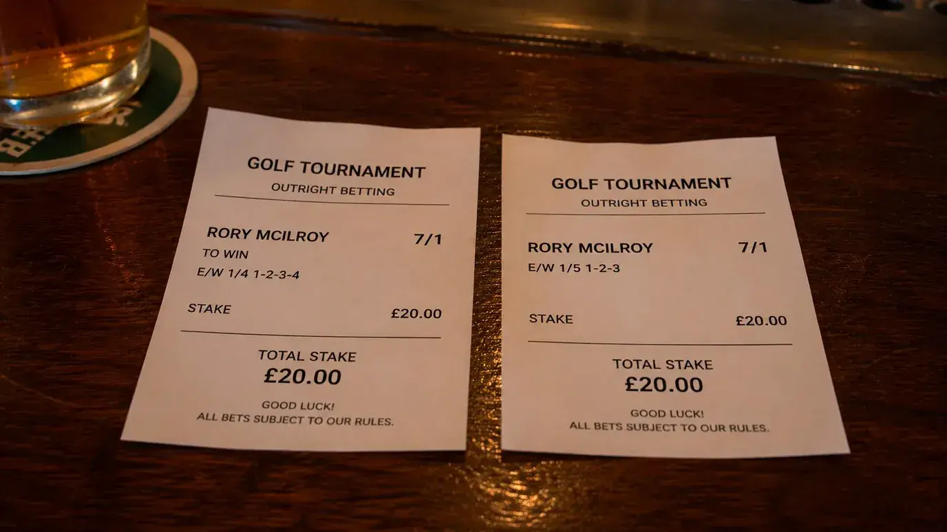 Two betting slips side by side showing different each-way place terms for the same golfer