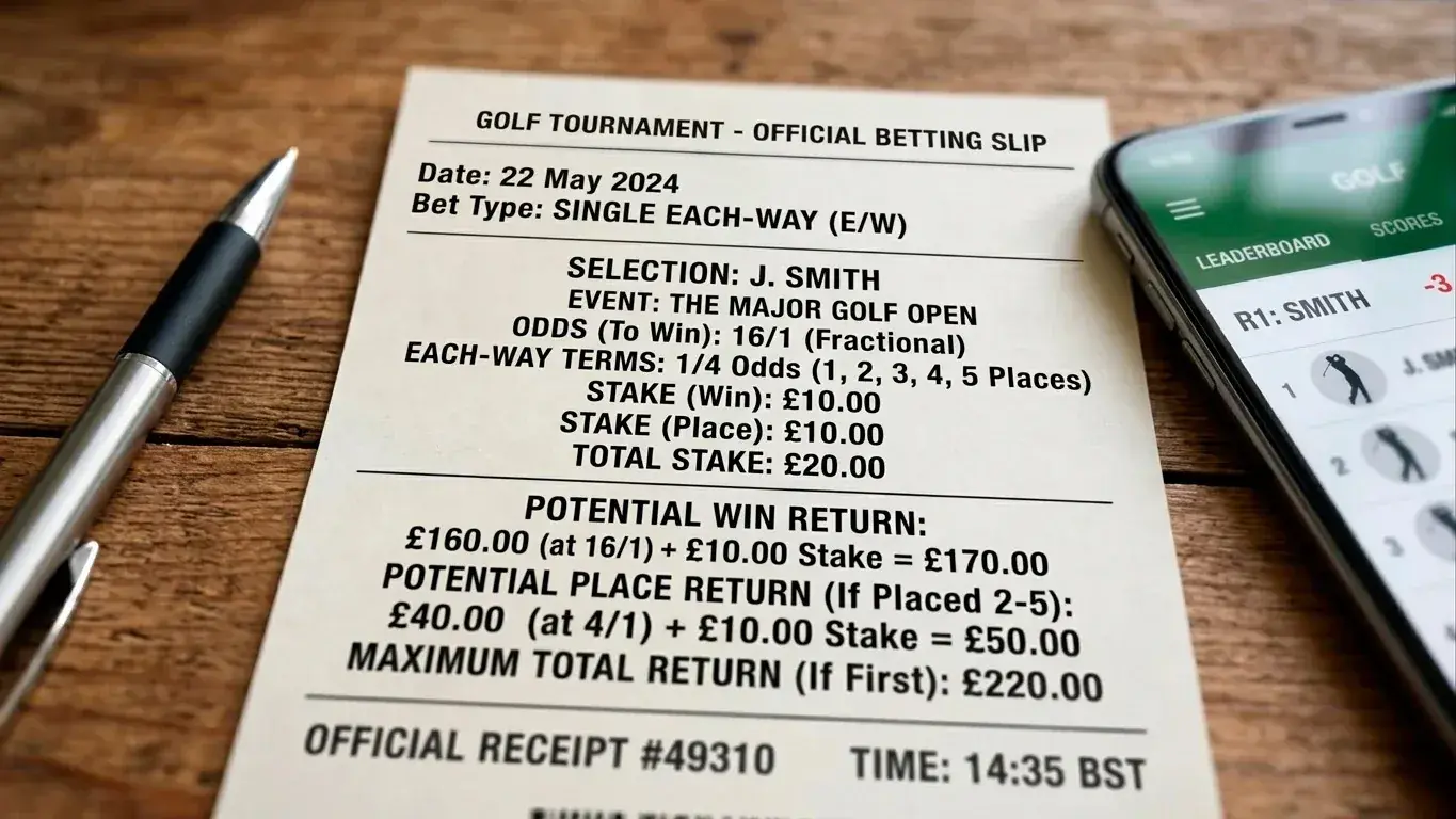 Each-way betting slip for a mid-priced US Open contender selection