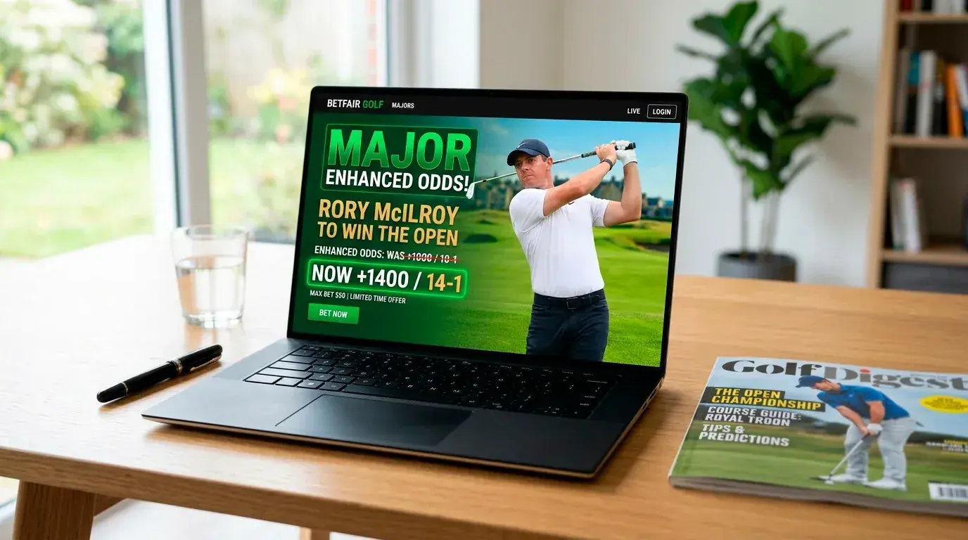 Enhanced odds promotion for a golf major championship player on a sportsbook banner