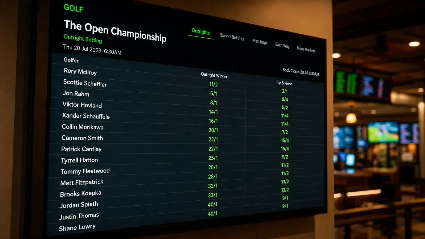 Sportsbook odds display showing DP World Tour outright and matchup markets