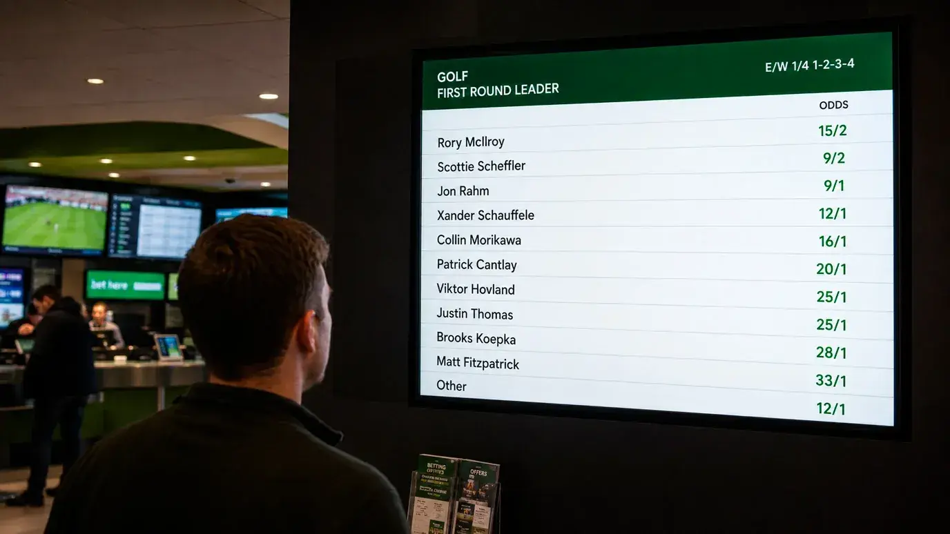 Golf first round leader market displayed on a sportsbook with close scoring