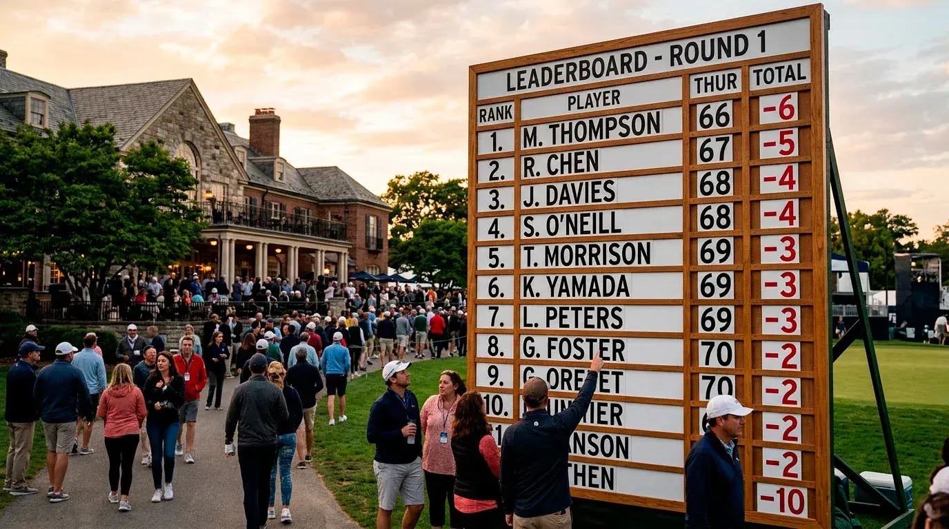 Golf scoreboard after round one showing the first round leader at a PGA Tour event