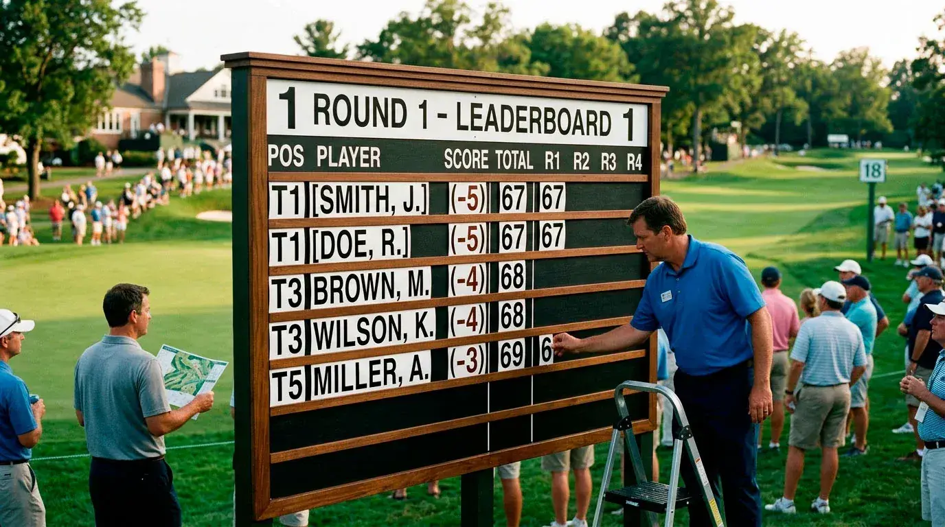 Scoreboard showing two golfers sharing the lead after round one at a tournament