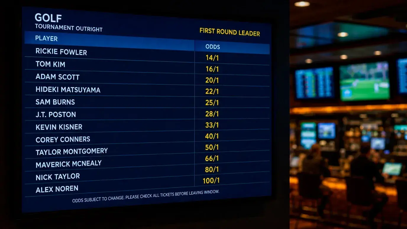 Sportsbook screen displaying first round leader golf odds for a full field event