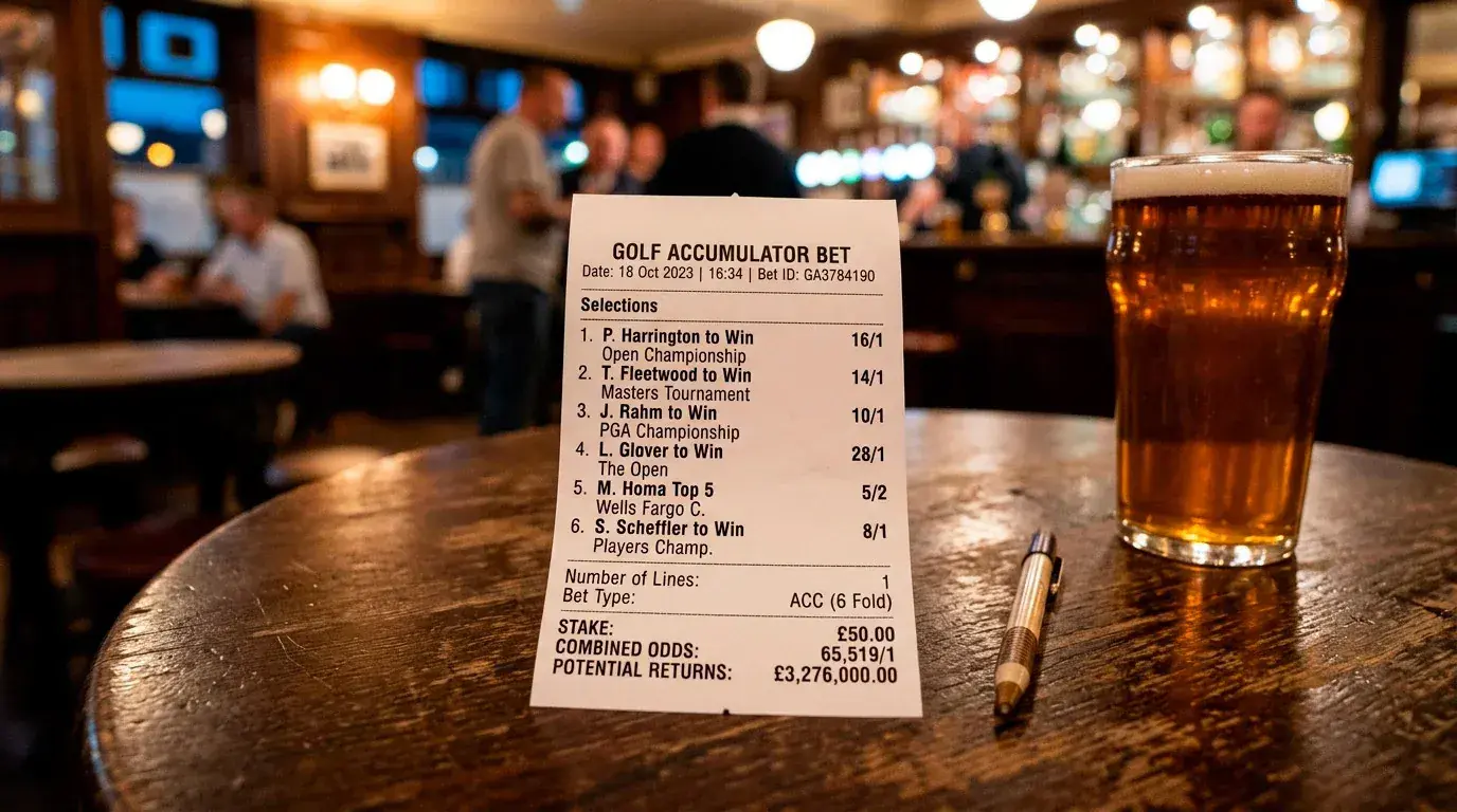 Multi-leg golf accumulator betting slip showing combined odds for several markets