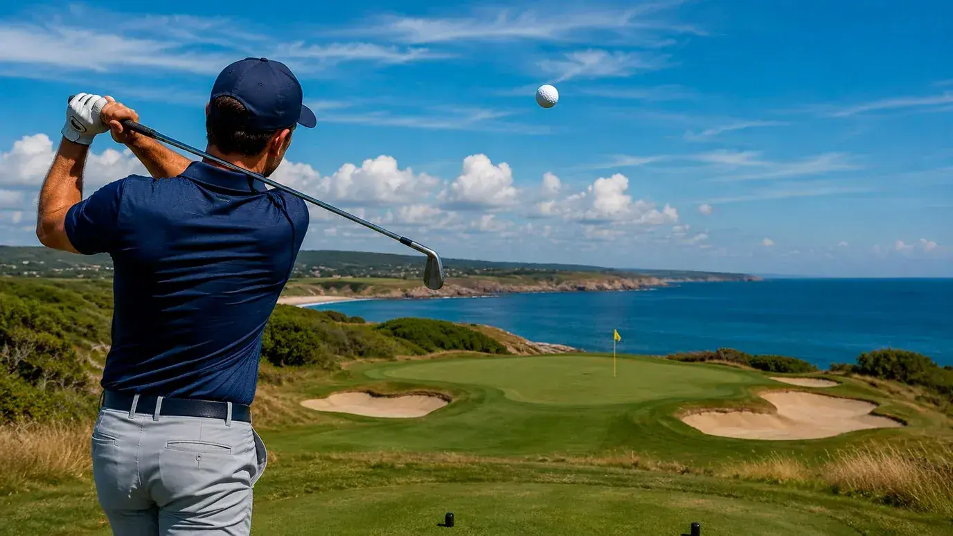 Golf ball landing close to the pin on a par three during a televised tournament