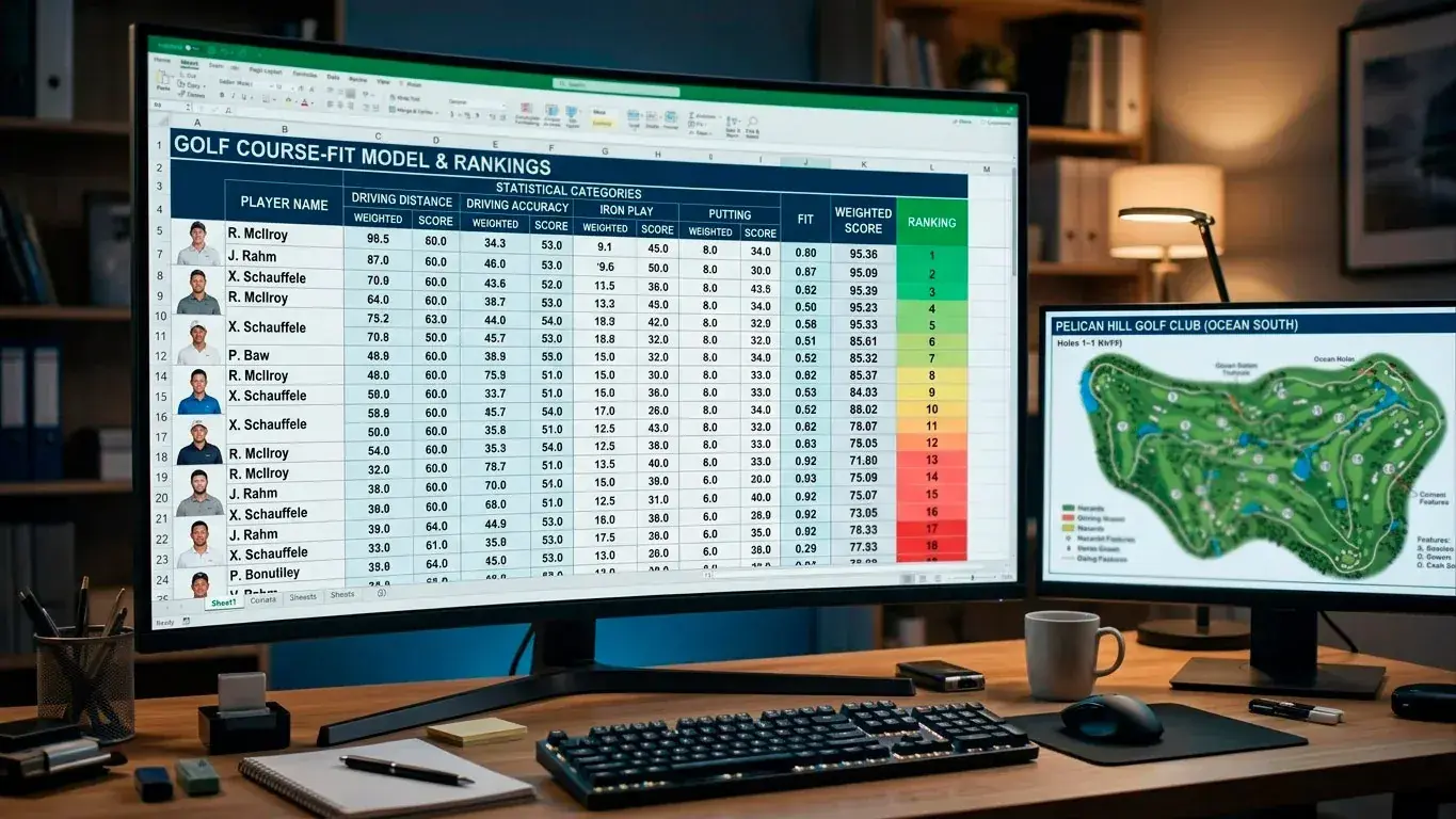 Detailed spreadsheet with golf course-fit model showing player rankings and statistical correlations