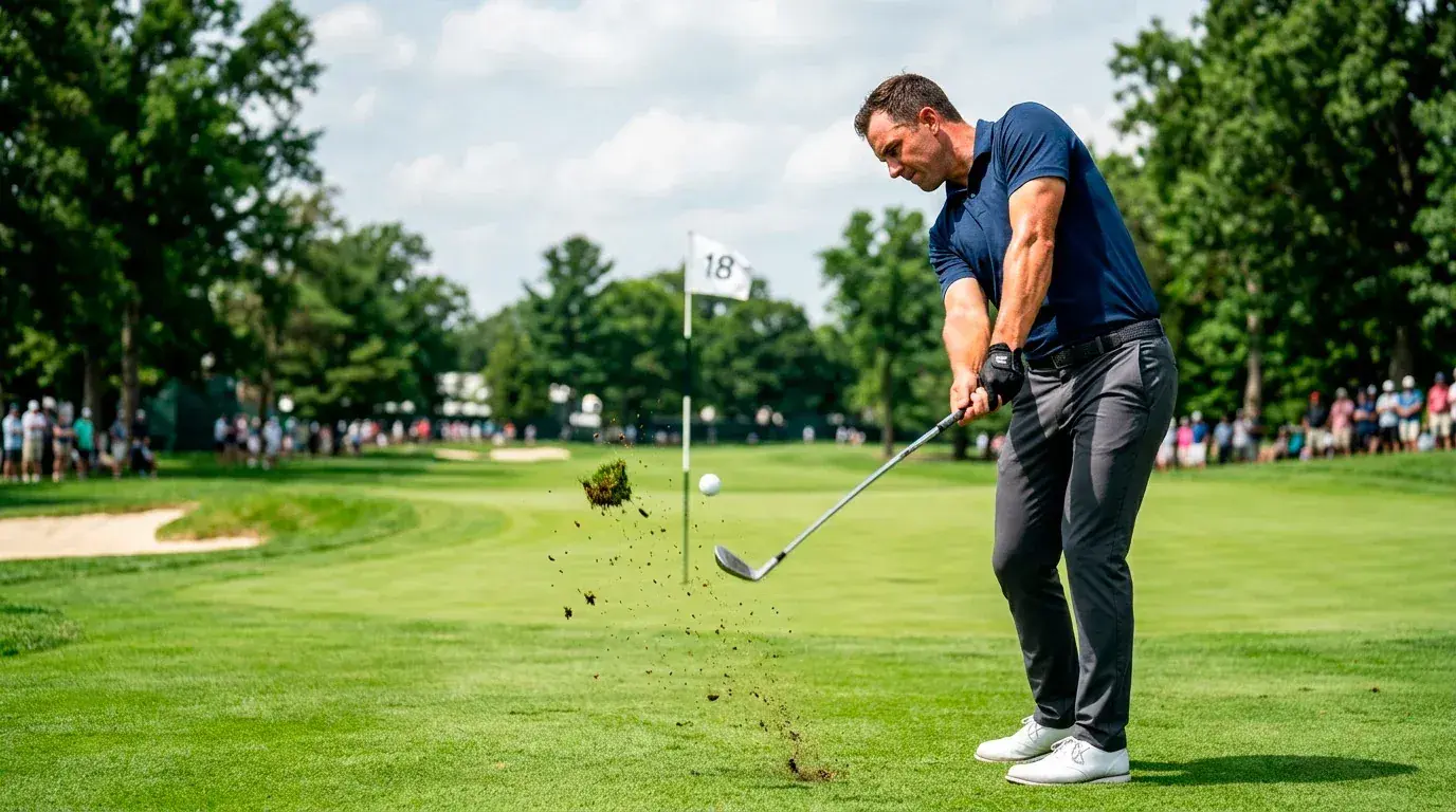 Golfer hitting a precise iron approach shot towards the green