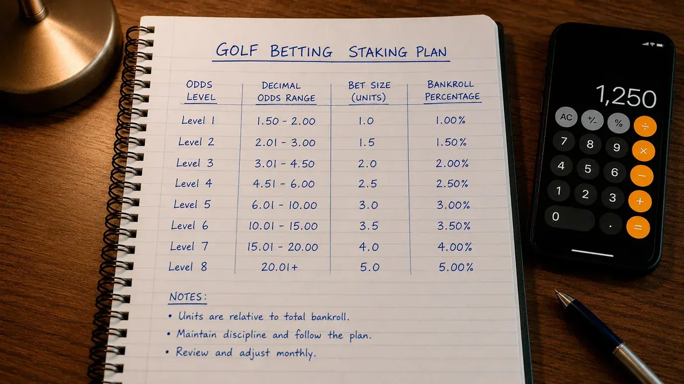 Handwritten golf betting bankroll plan with unit sizing in a notebook