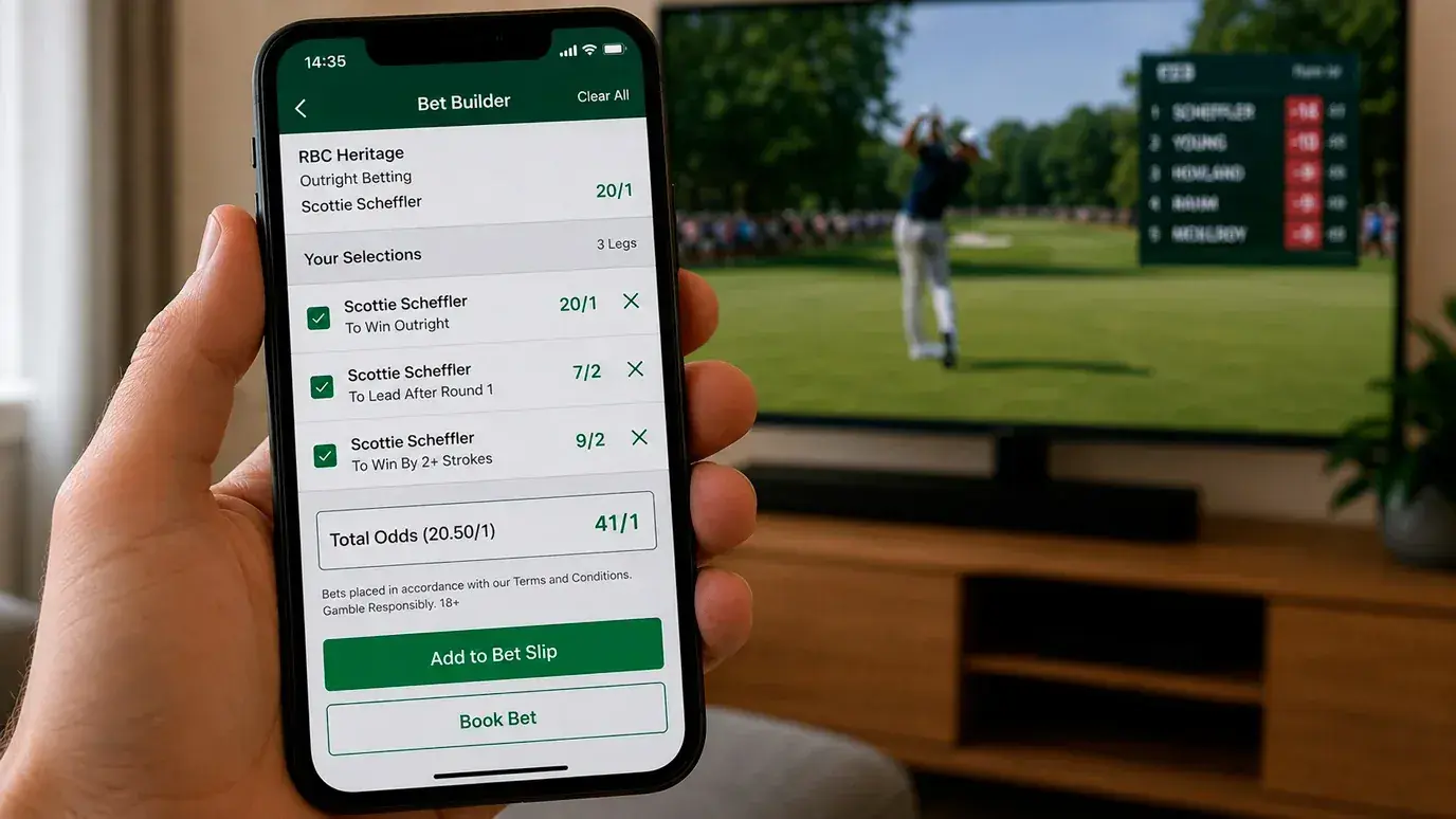 Sportsbook bet builder feature combining golf tournament selections on a mobile screen