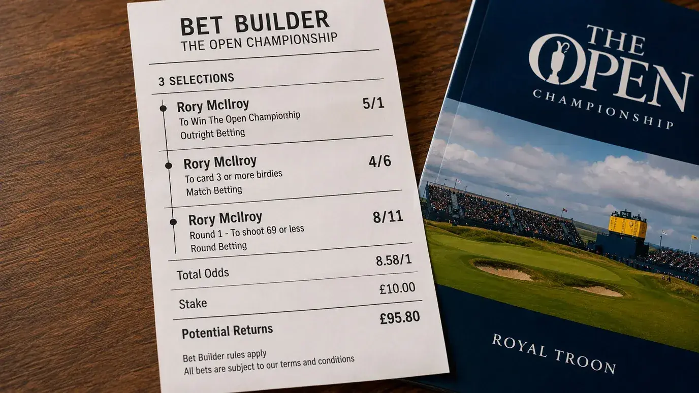 Multi-leg golf bet builder slip showing combined tournament selections and odds