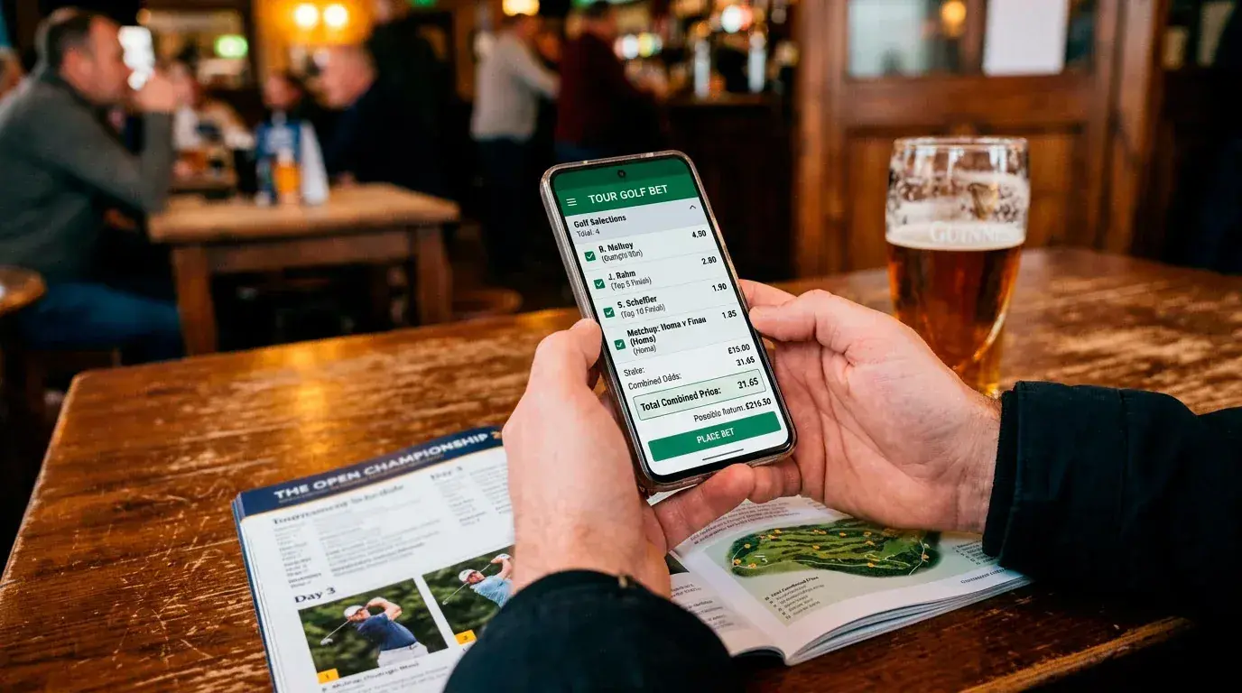 Golf bet builder interface combining prop bets like make the cut and birdie totals into a single wager