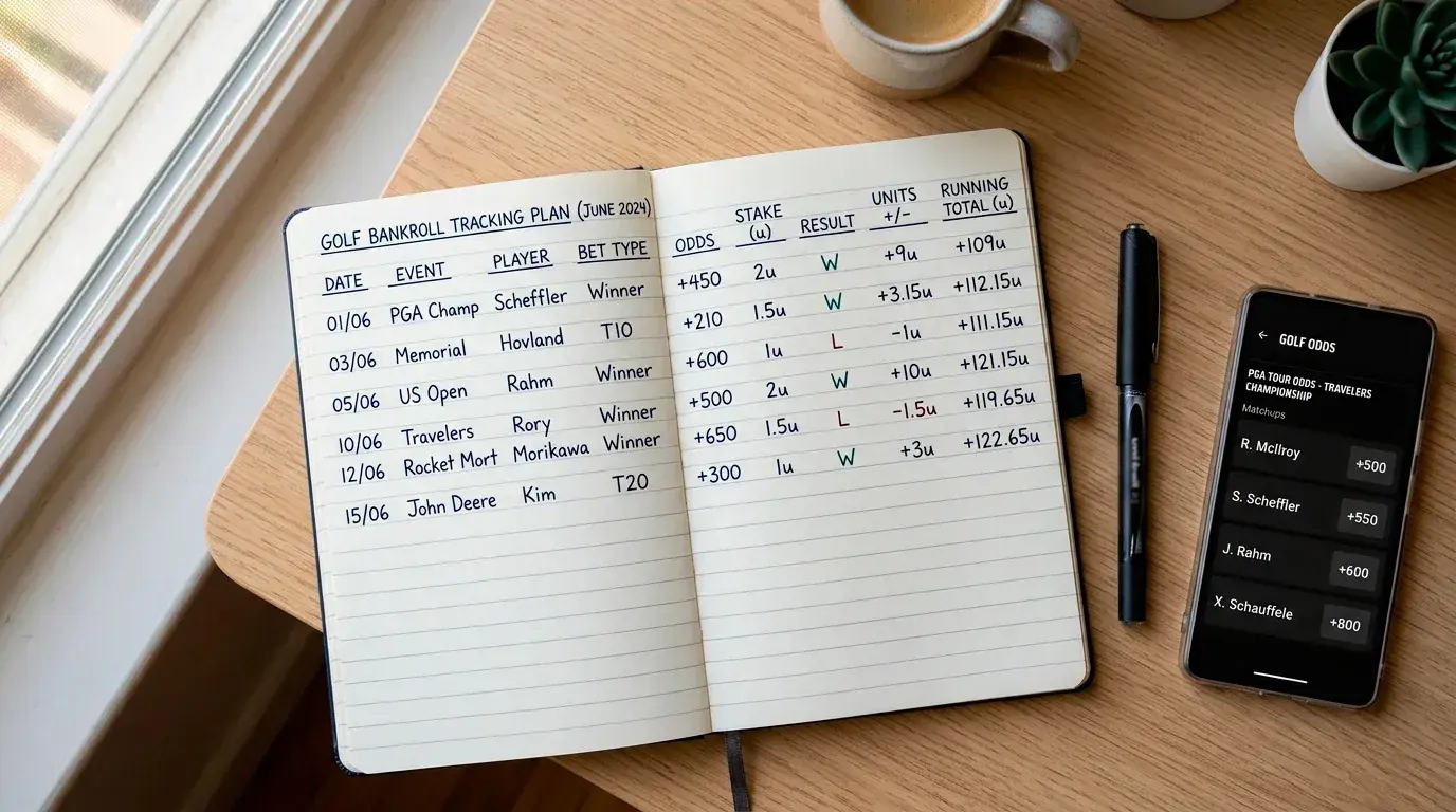 Notebook with golf betting bankroll tracking and unit staking plan