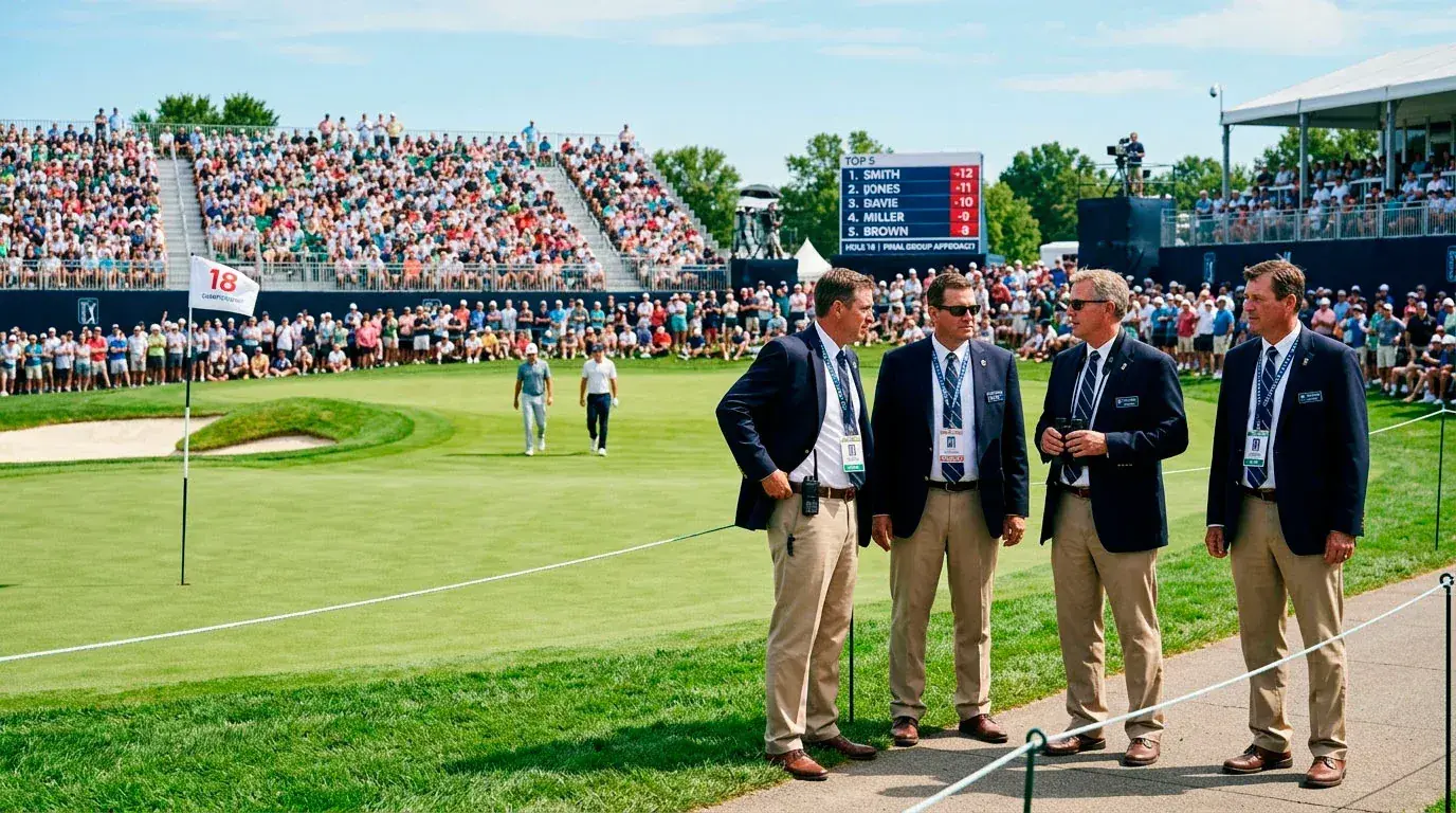 Golf tournament officials overseeing play with integrity monitoring equipment at a PGA Tour event