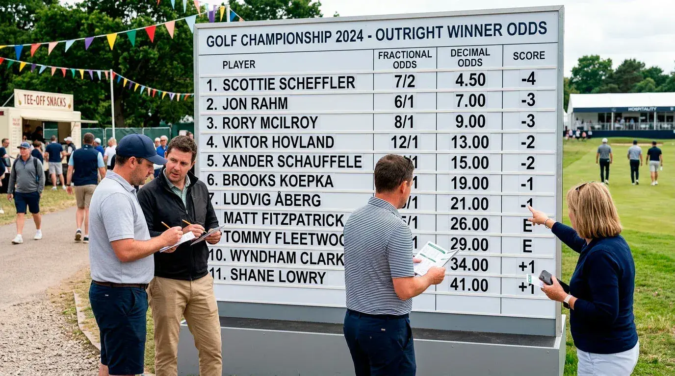 Golf betting odds board displaying fractional and decimal prices for a tournament outright market