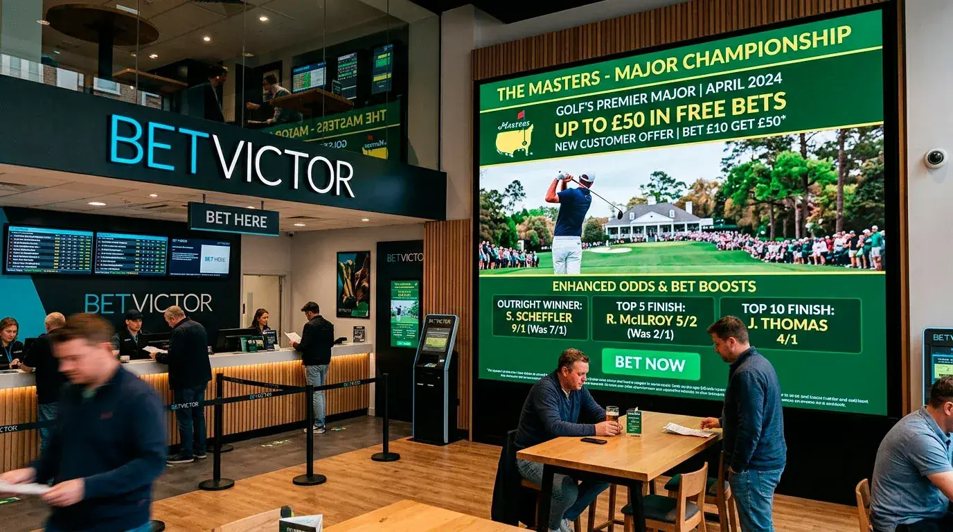 Promotional banners for golf betting free bets and enhanced odds during a major championship