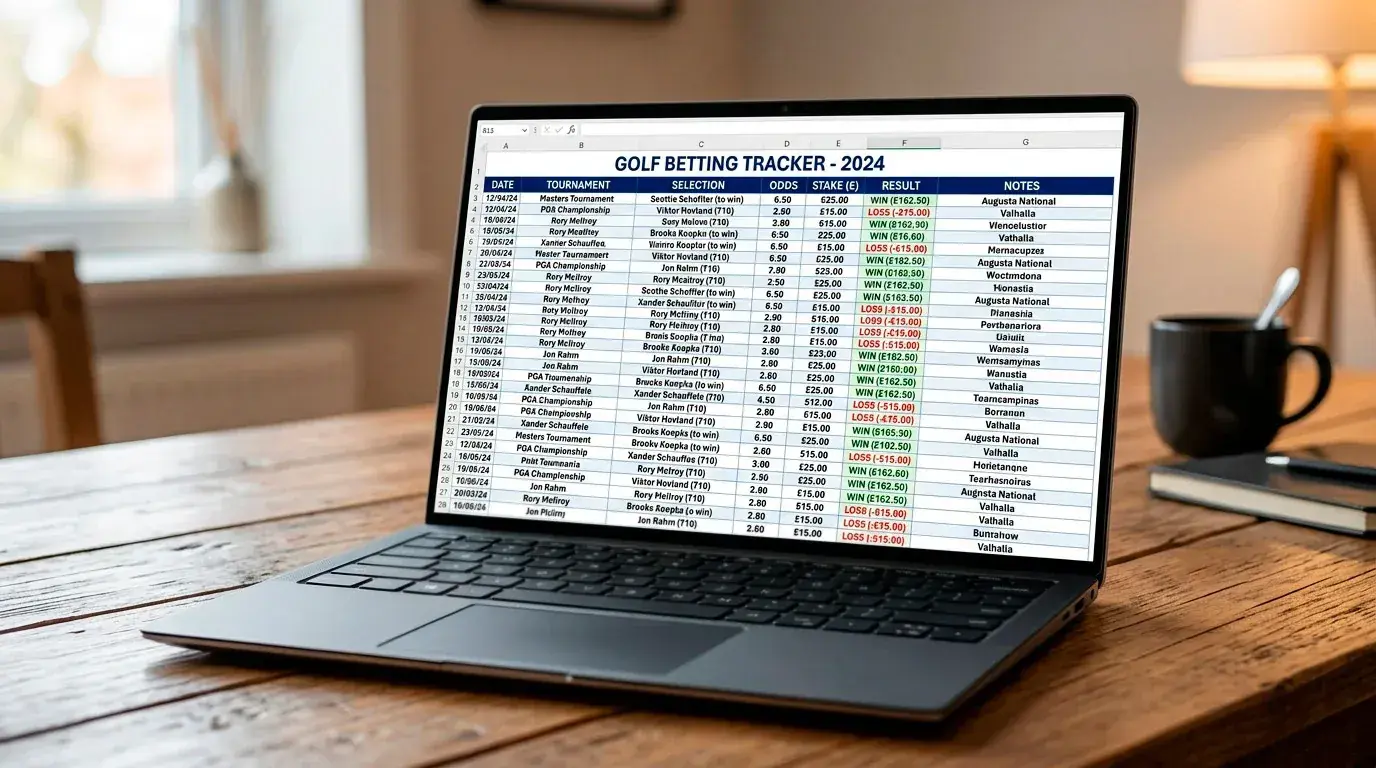 Spreadsheet tracking golf betting selections with outcomes and post-mortem notes