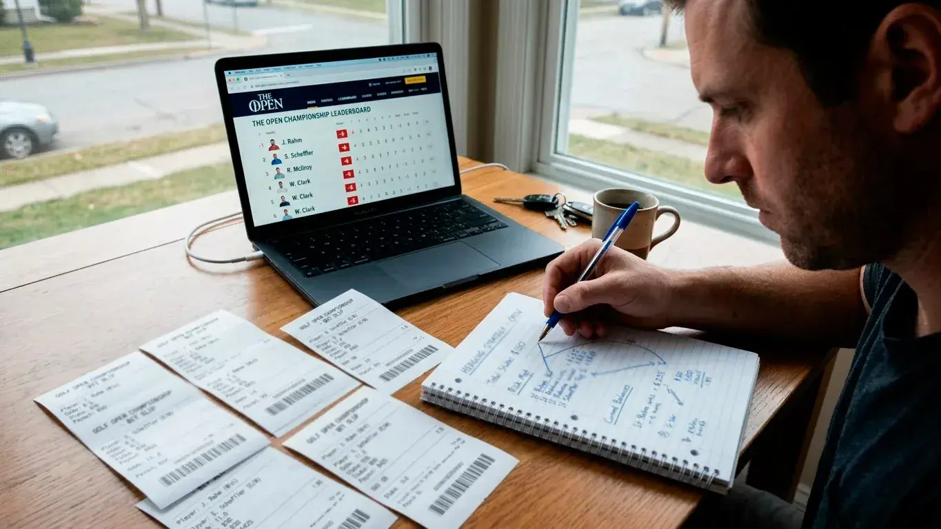 Person reviewing multiple open golf futures positions and hedging calculations on paper
