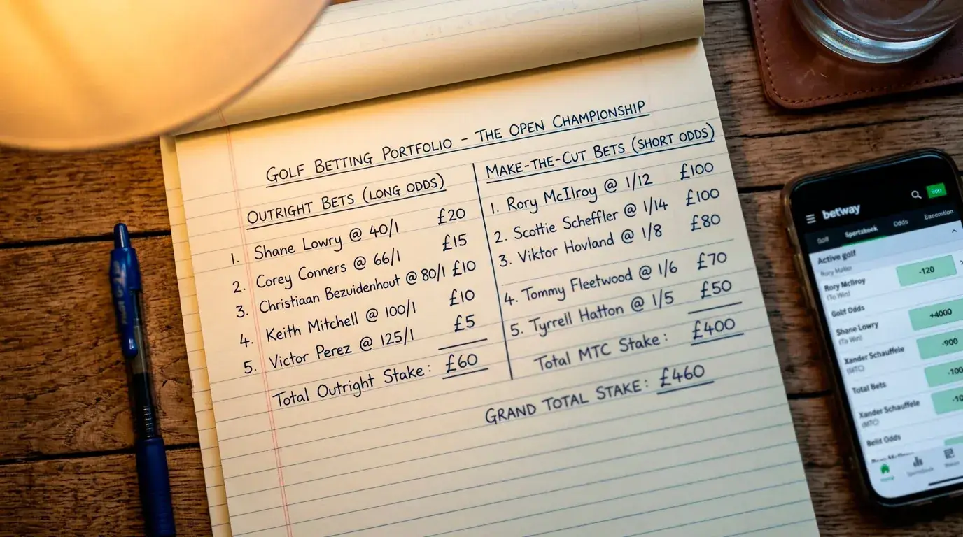 Notebook page showing a mixed golf betting portfolio combining outright and cut market bets
