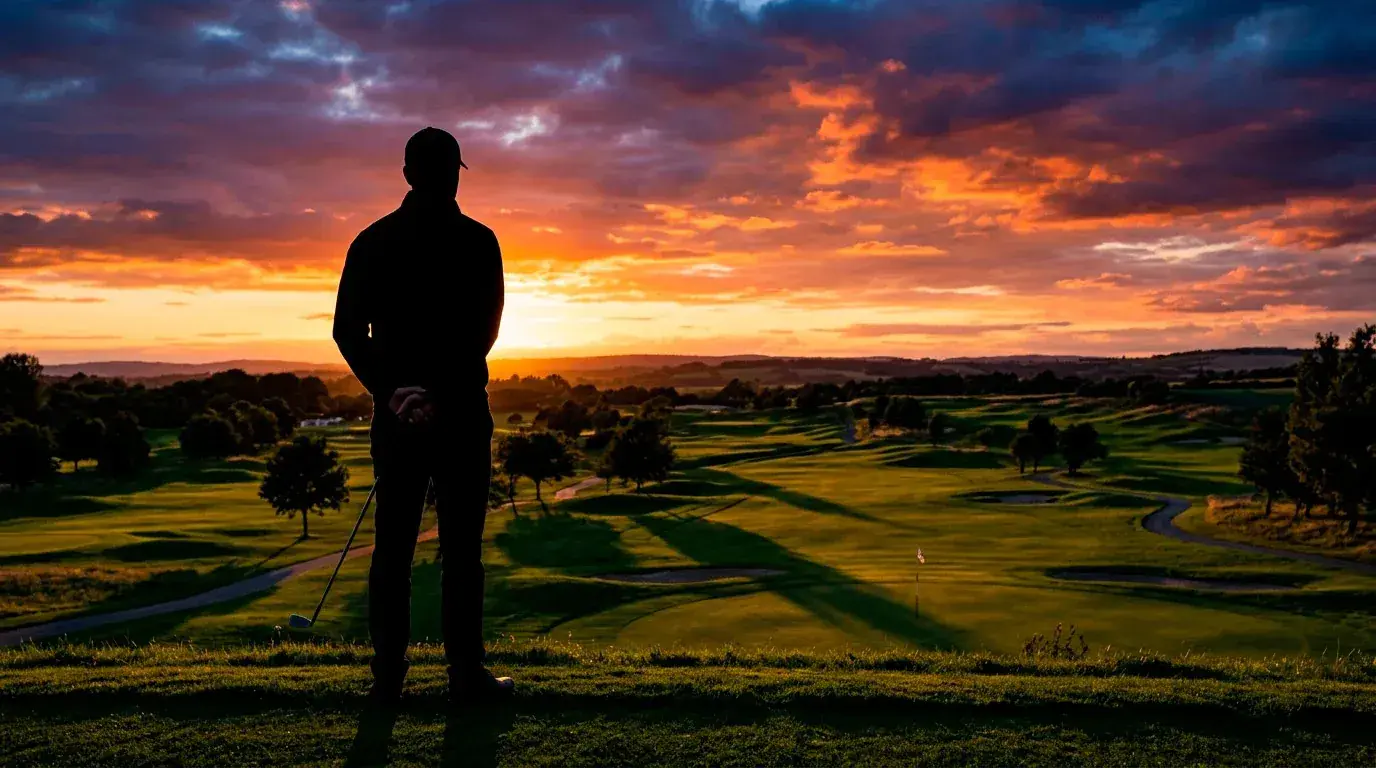 Thoughtful person in silhouette overlooking a golf course at sunset representing the mental side of betting