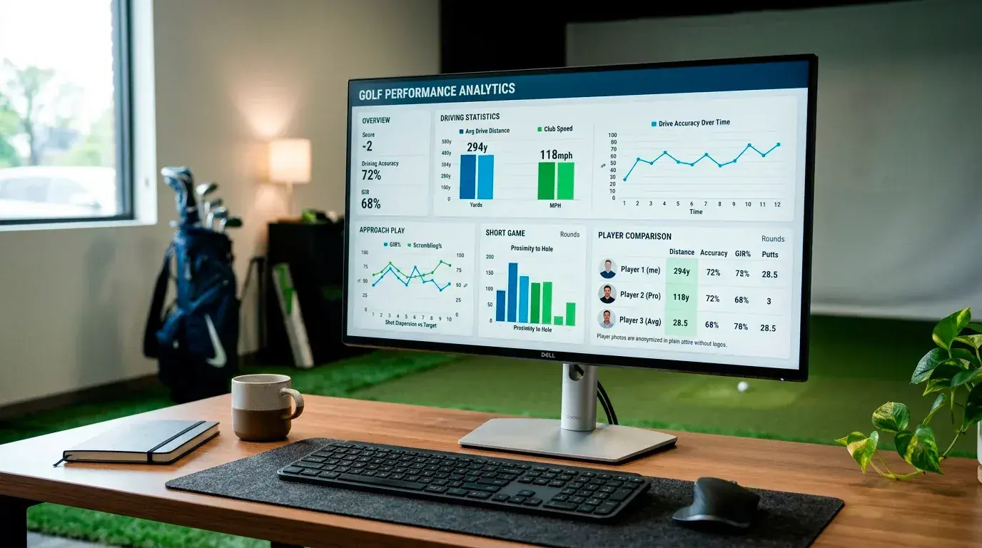 Close-up of a golf performance statistics dashboard on a screen with data charts