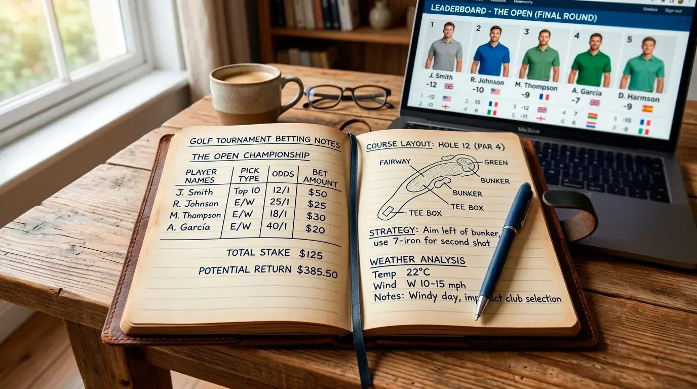 Open notebook with golf betting notes and strategy analysis beside a laptop