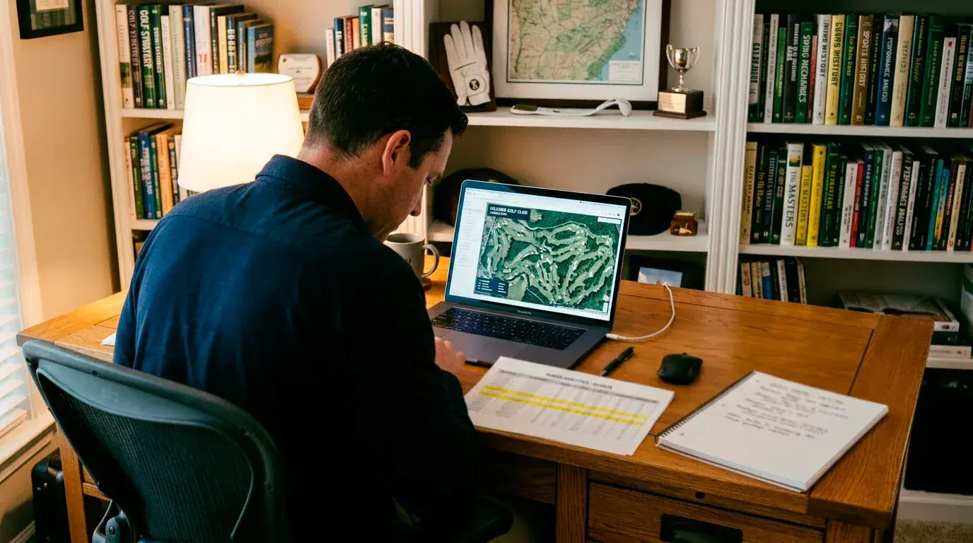 Golf betting strategy workspace with course fit notes and player performance data on a desk
