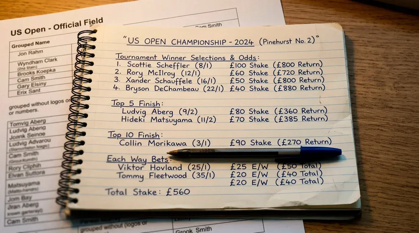 Handwritten golf betting plan with selections and stakes on a notepad