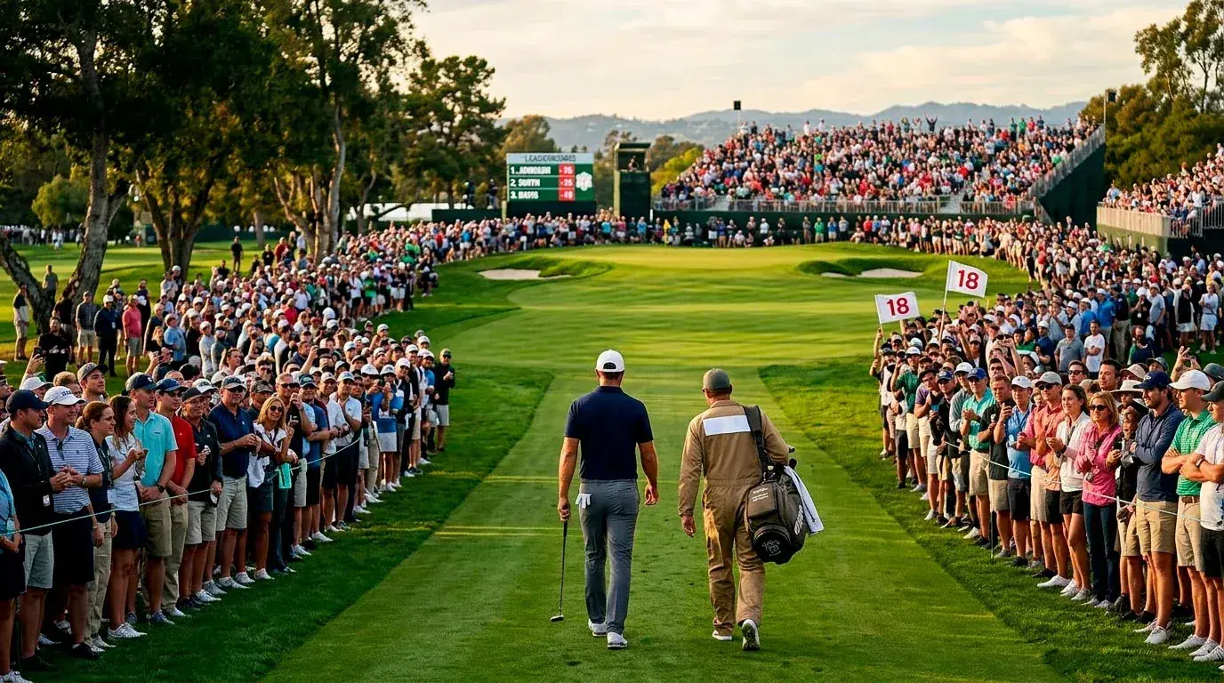 Golfer approaching the 18th green while a punter weighs a cash-out decision on a live golf bet