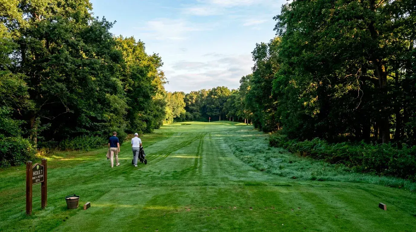 Narrow golf fairway lined with thick rough demanding driving accuracy