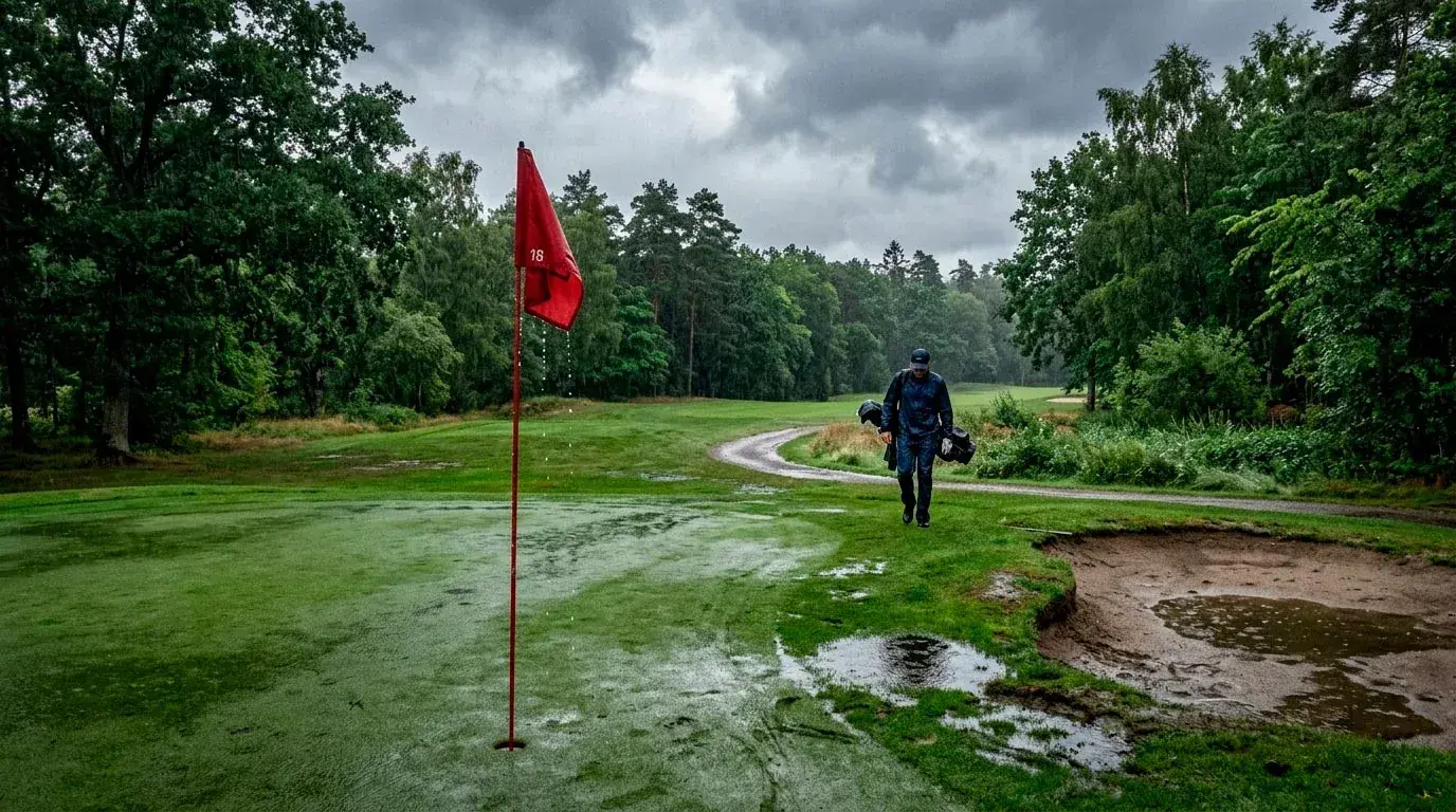 Golf course green with visible rain puddles and soft wet conditions after heavy rainfall
