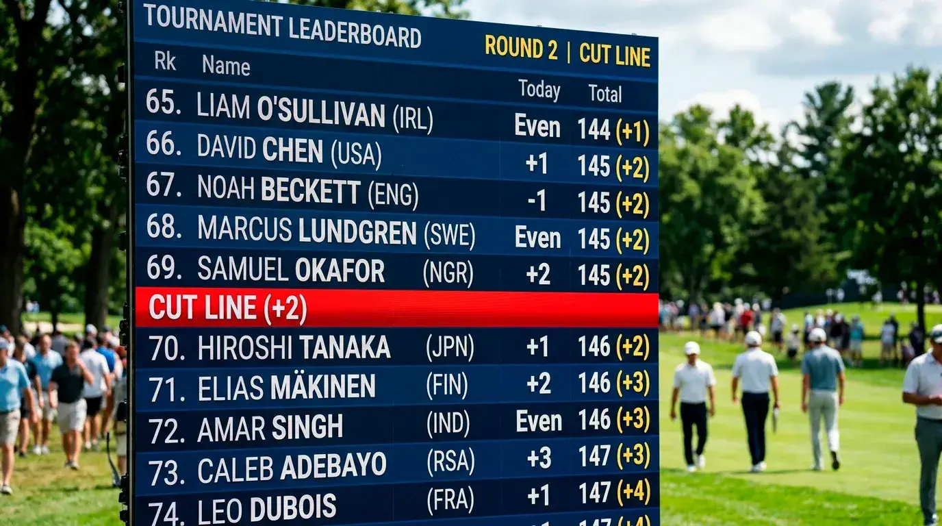 Close-up of a leaderboard showing players near the cut line with scores highlighted