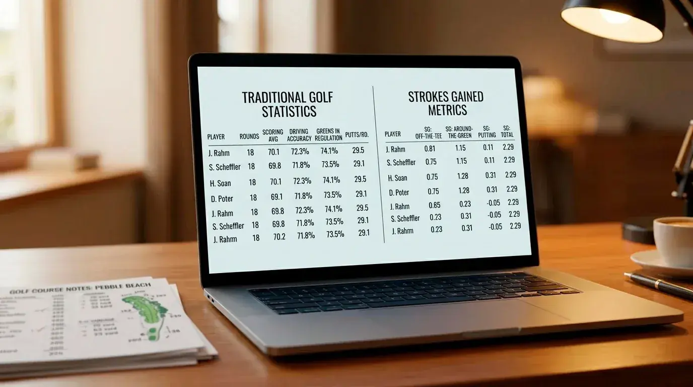 Split screen showing traditional golf statistics alongside Strokes Gained metrics