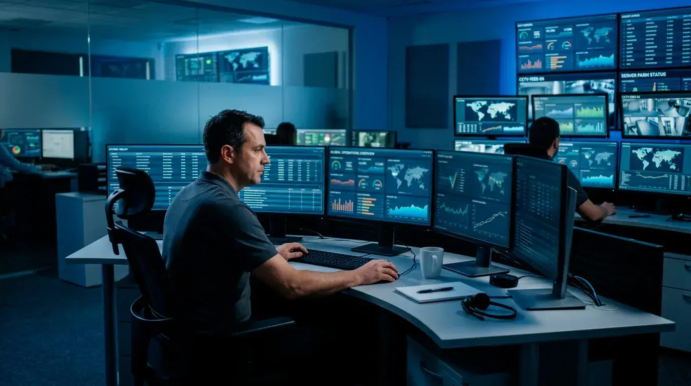 Professional monitoring station with screens tracking golf tournament data feeds